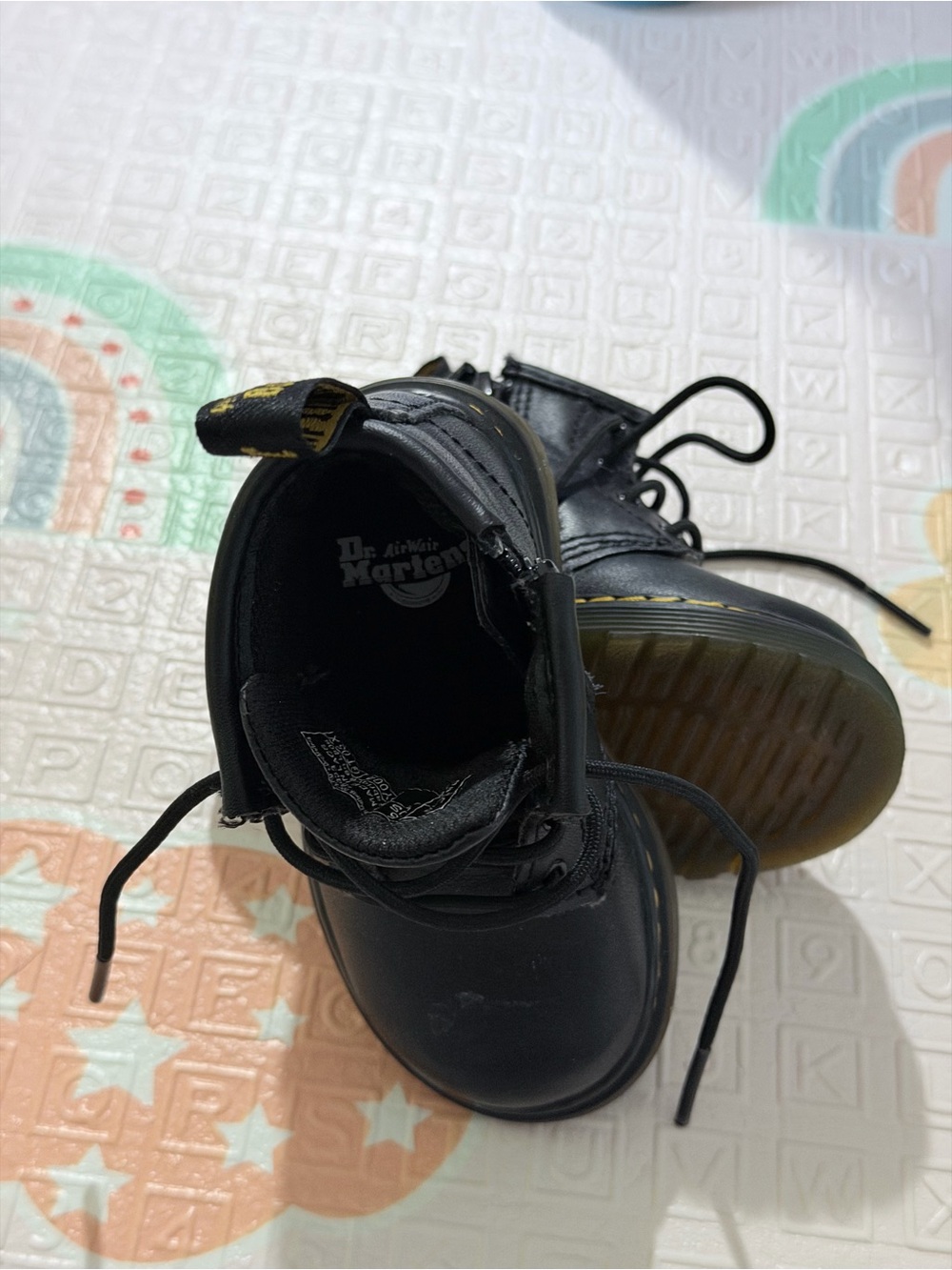 Dr. Martens Kids Black Leather Lace-Up Ankle Boots with Yellow Stitching